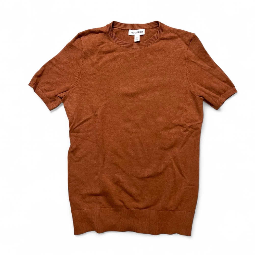 Brown Knit Short Sleeve Sweater by Nordstrom Minimalist Preppy Soft Pullover XXS